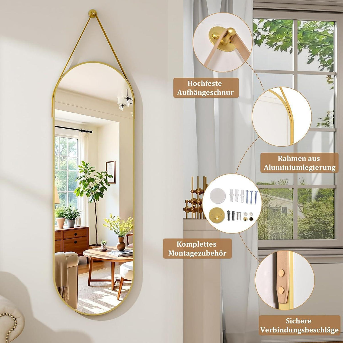 Ovaler Hänge-Spiegel 120x40cm mit Band – Gold in Lederoptik