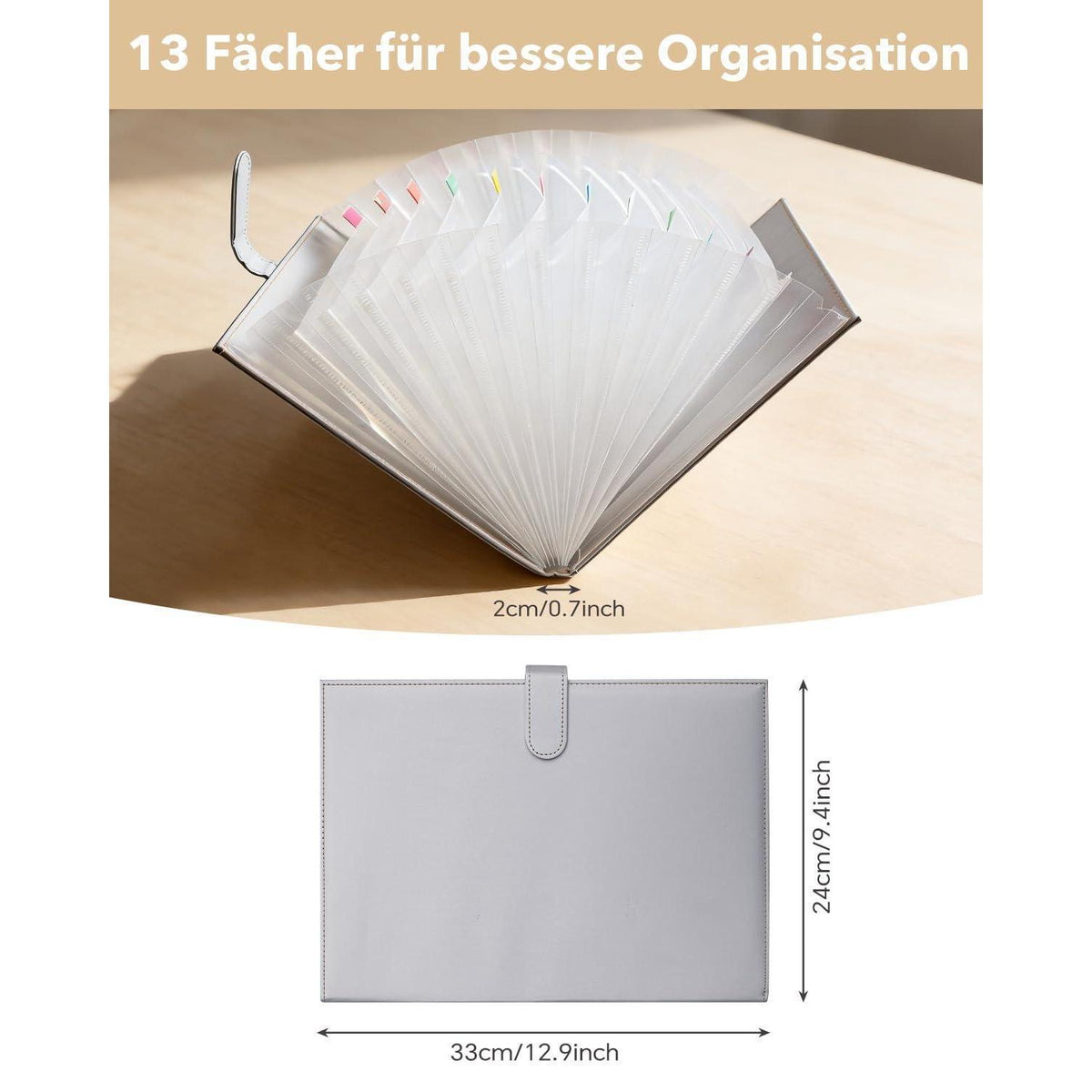Fächermappe A4 – 12 Fächer, Etiketten, Grau in Lederoptik