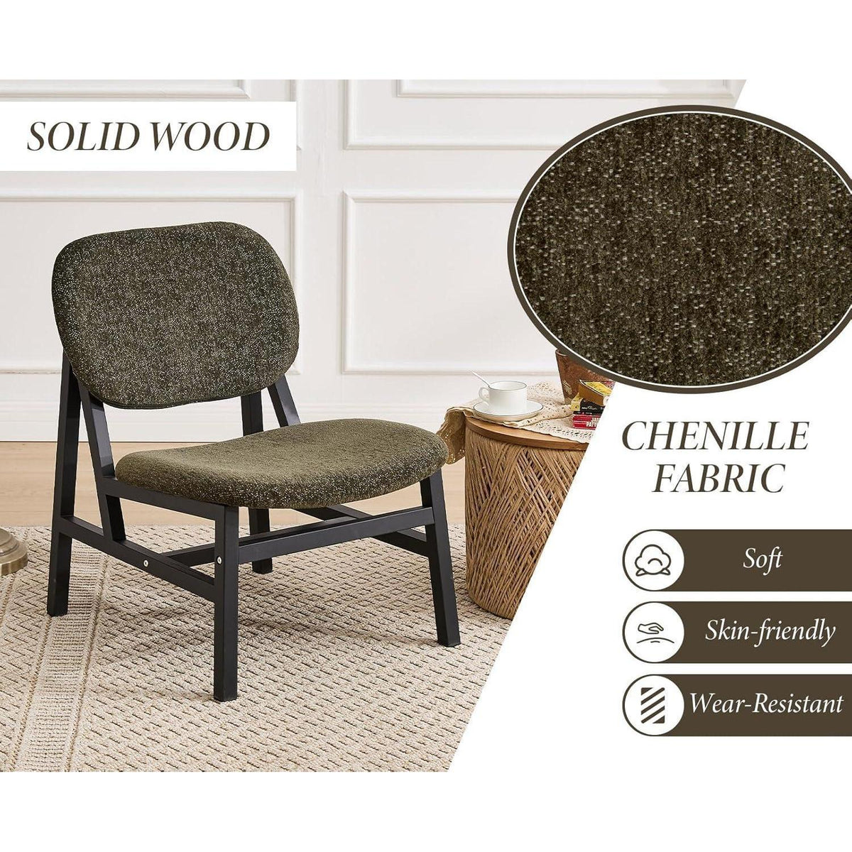 Grüner Chenille Loungesessel mit Holzbeinen – Scandinavian Akzentstuhl