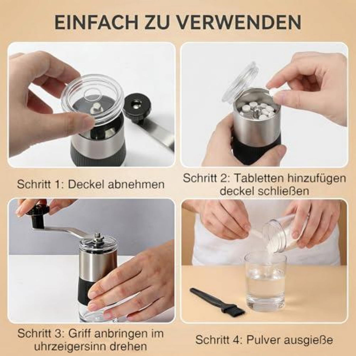 Tablettenmörser Set mit Pillendose & Bürste – Fein Mahlen