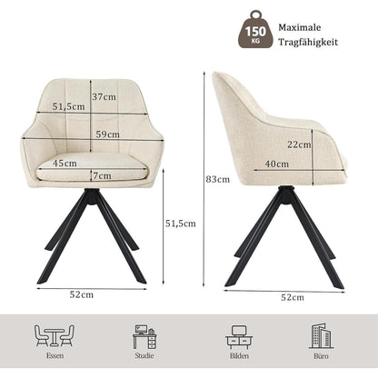 Drehbarer Esszimmerstuhl Set 6er – Cremeweiß, Chenille & 360°
