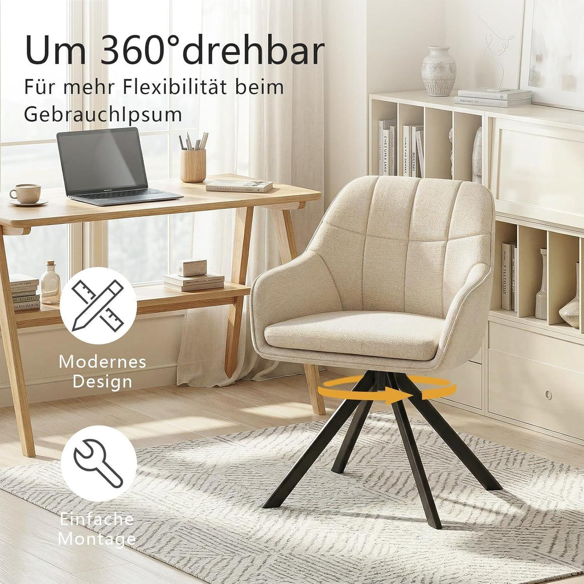 Drehbarer Esszimmerstuhl Set 6er – Cremeweiß, Chenille & 360°