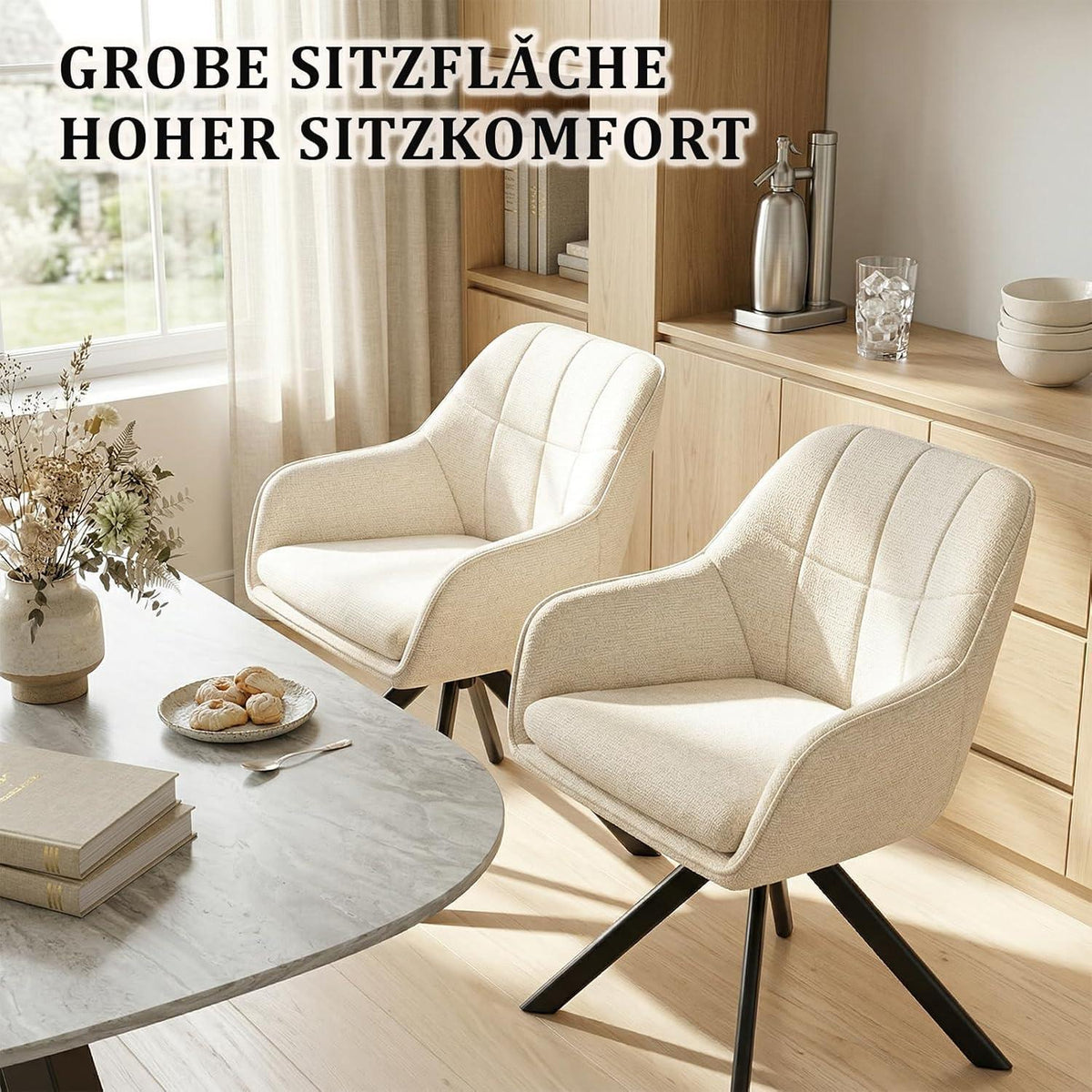 Drehbarer Esszimmerstuhl Set 6er – Cremeweiß, Chenille & 360°
