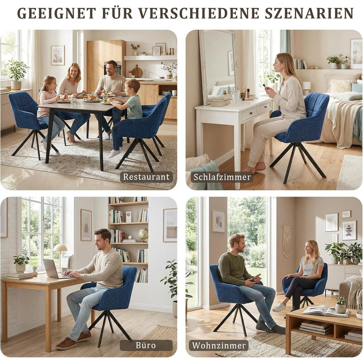 Drehbarer Esszimmerstuhl Set 6x – Dunkelblau, Chenille & Kratzschutz