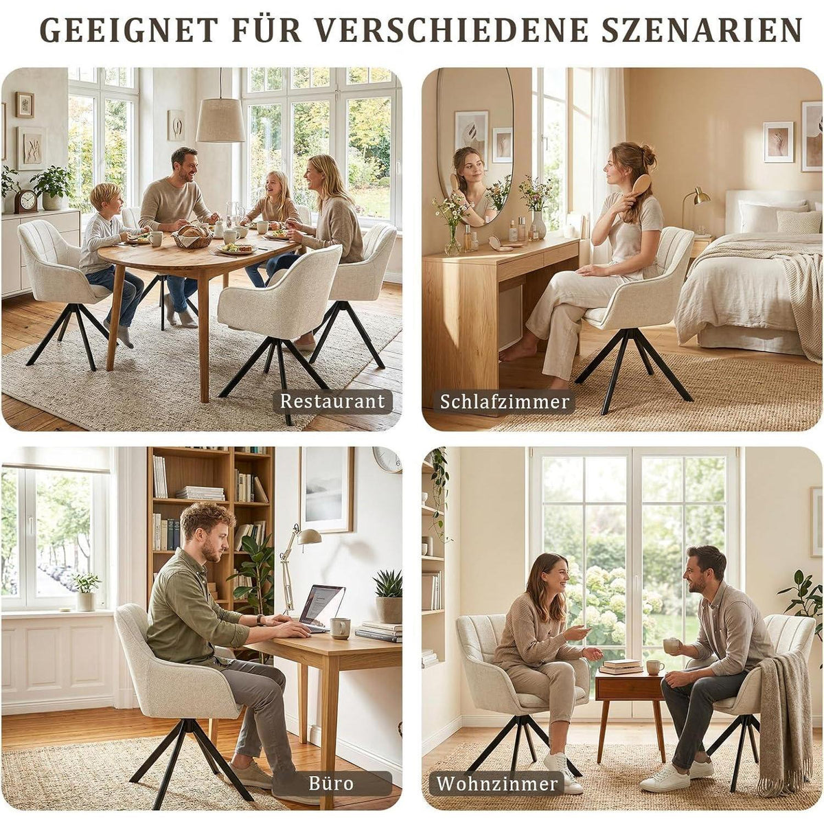 Drehbarer Esszimmerstuhl Set 4er – Cremeweiß, Chenille & 360°