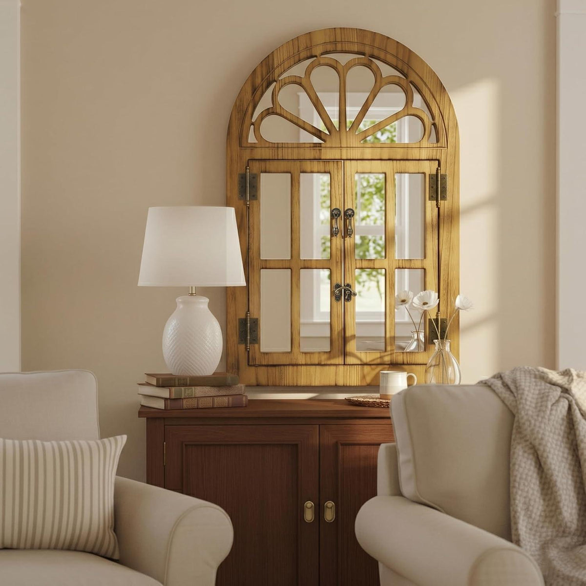 Fensterpaneel Spiegel mit Holzrahmen – 60x90 cm