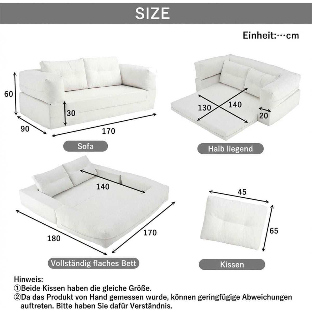 Klappbares Schlafsofa Couch mit Liegefläche 170x90 cm