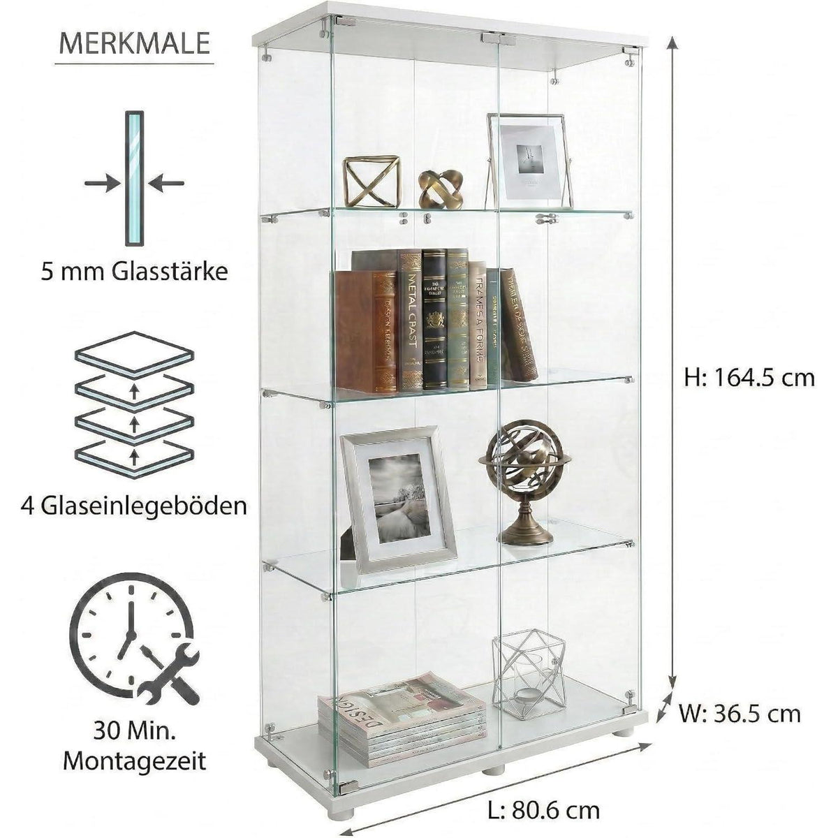Glasvitrine Standvitrine Modern mit 2 Türen & 4 Böden