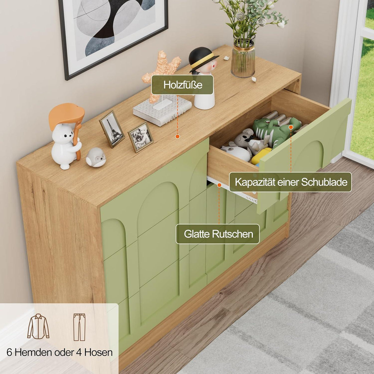 Grüne Kommode mit 6 Schubladen – Modernes Schlafzimmer Möbel