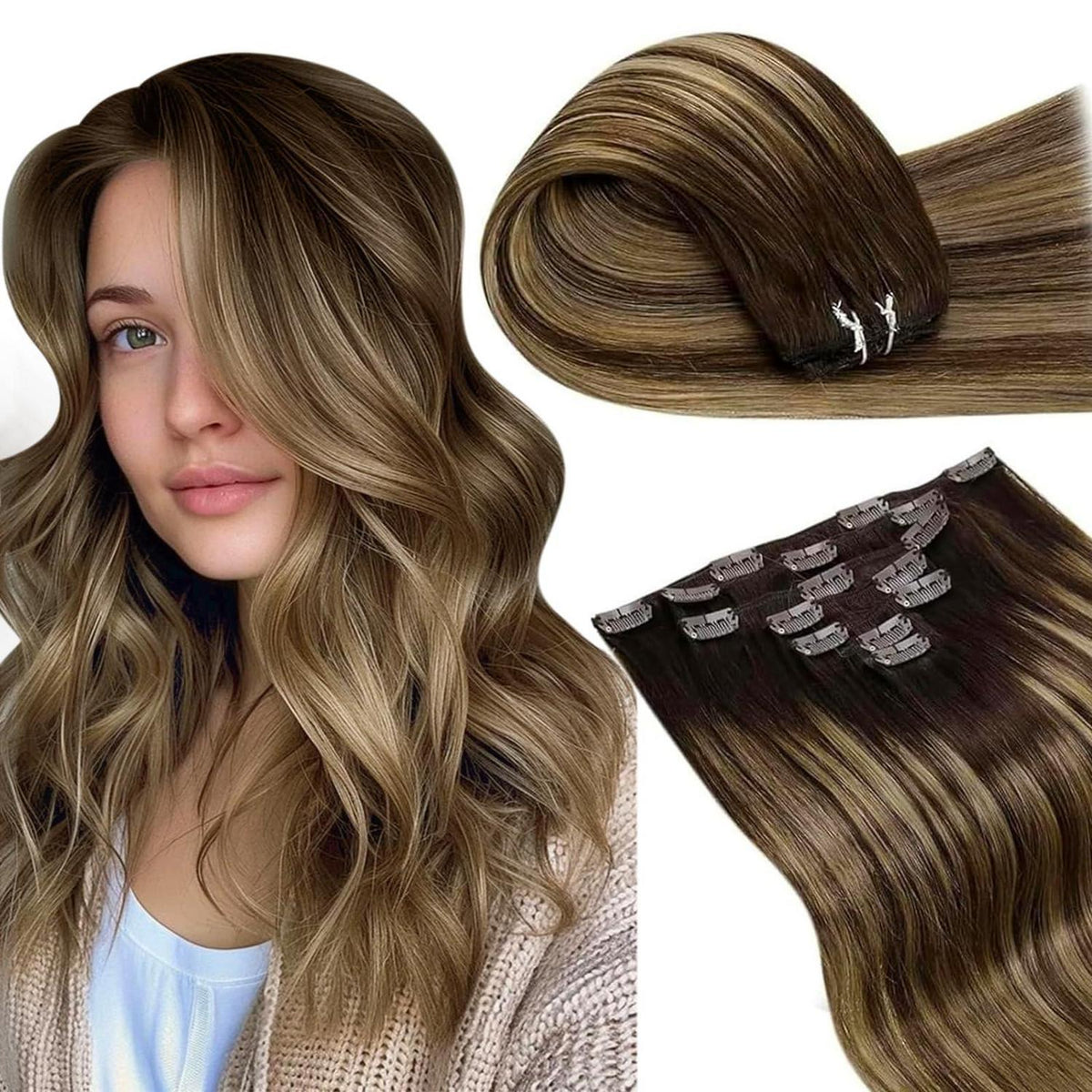 Echthaar Clip-Ins Braun Ombre Dunkelbraun Karamellblond