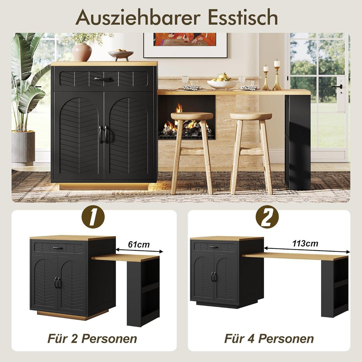 Kücheninsel mit Ausziehtisch & Stauraum – Schwarz