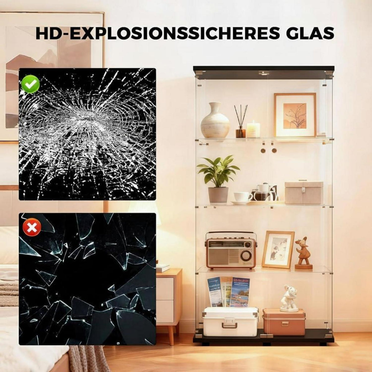 Glasvitrine Schwarz – Stehend, 164,5 x 80,6 x 36,5 cm