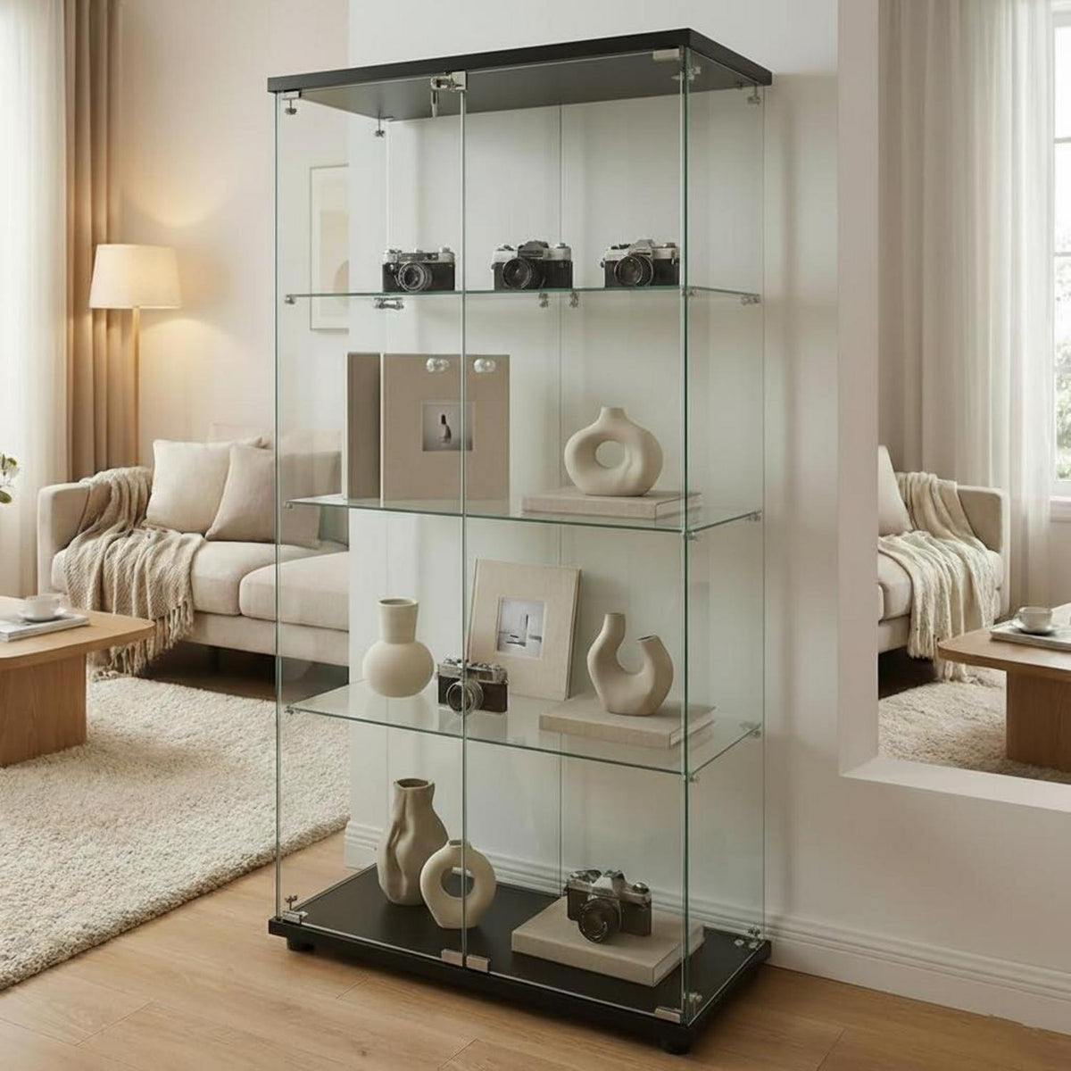 Glasvitrine Schwarz – Stehend, 164,5 x 80,6 x 36,5 cm