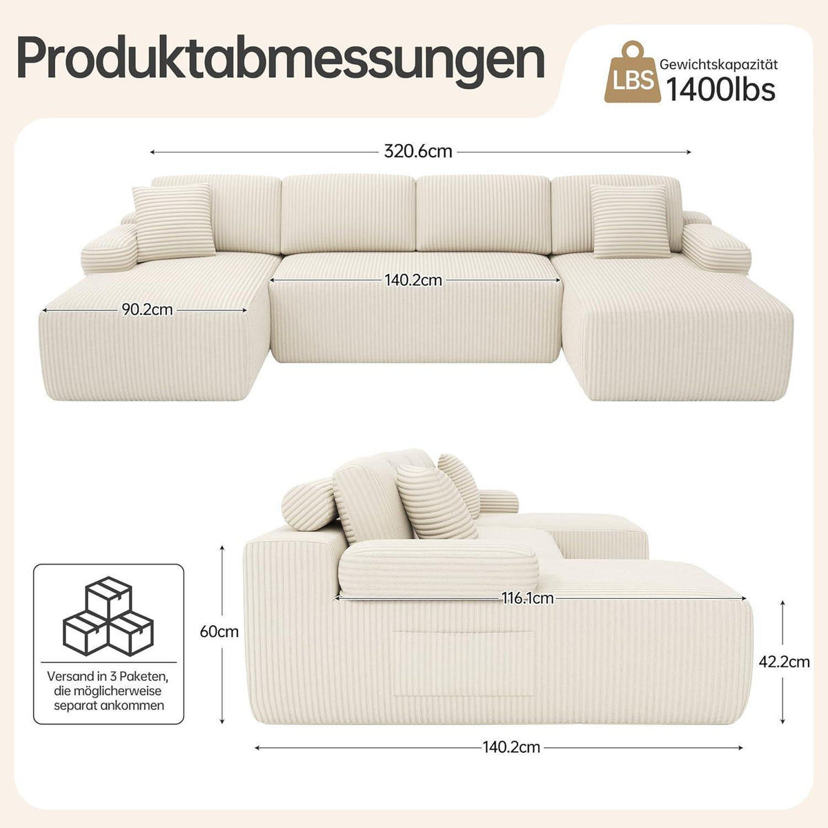 Modulares Cord Sofa U-Form – Tiefes Sitzsofa für Wohnzimmer