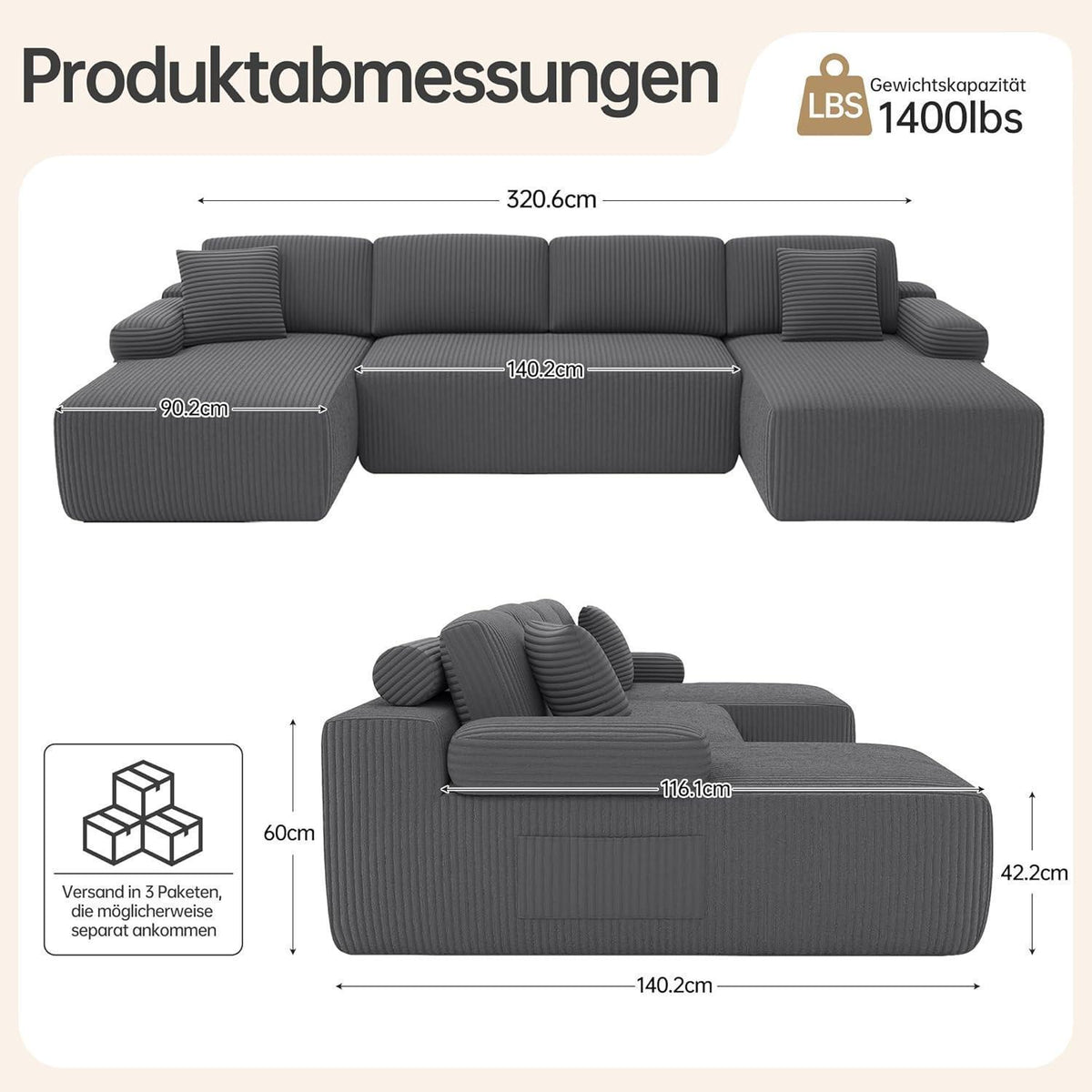 Modulares Cord Sofa Grau – Tiefes Sitzsofa ohne Gestell