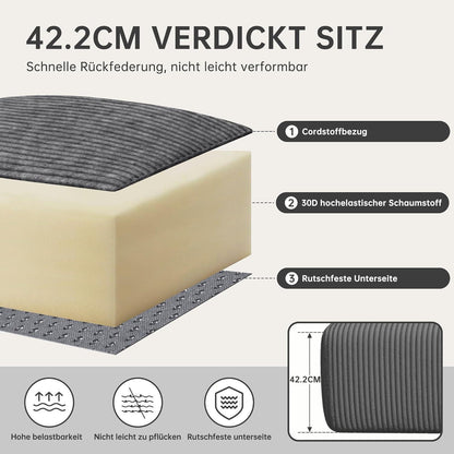 Modulares Cord Sofa Grau – Tiefes Sitzsofa ohne Gestell