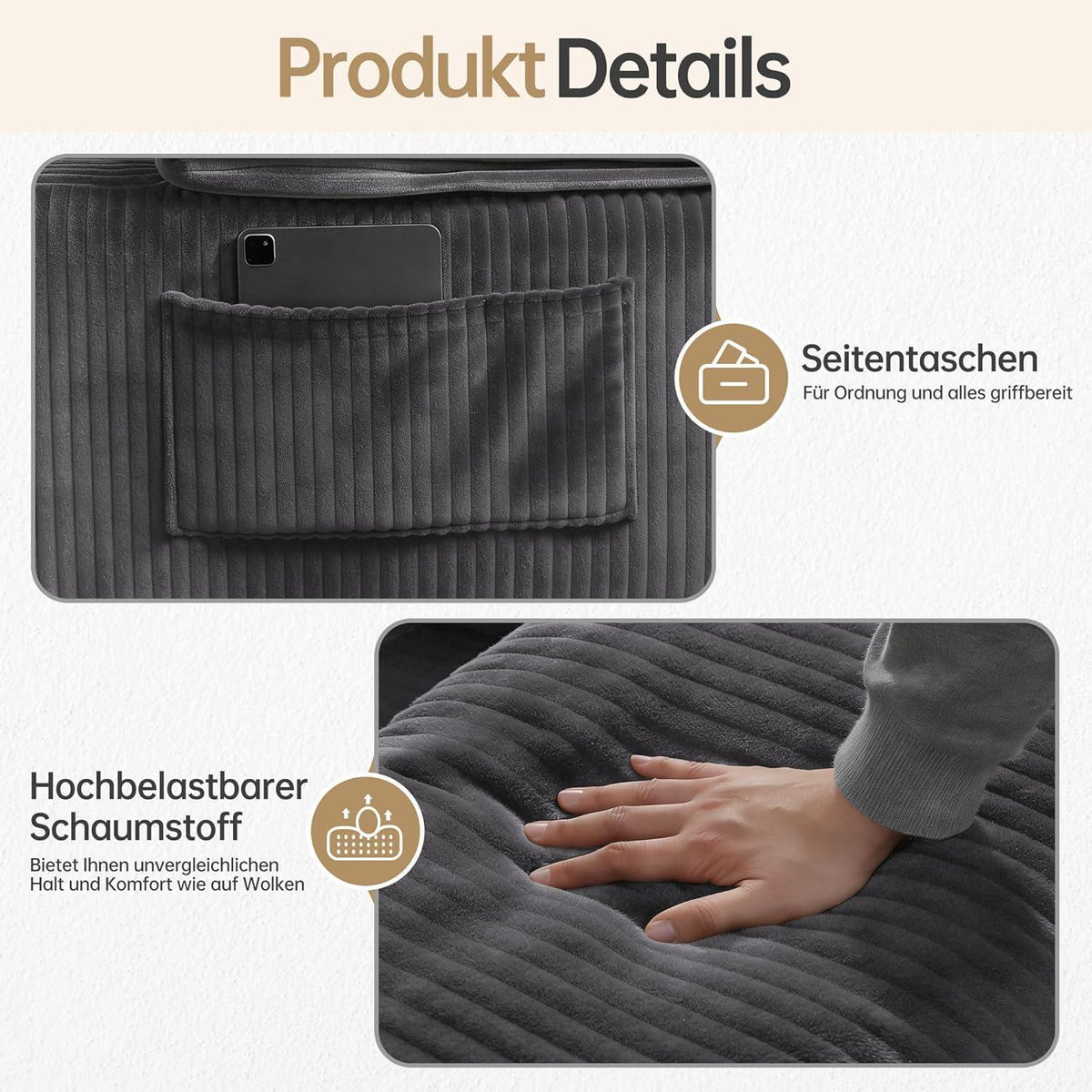 Modulares Cord Sofa Grau – Tiefes Sitzsofa ohne Gestell