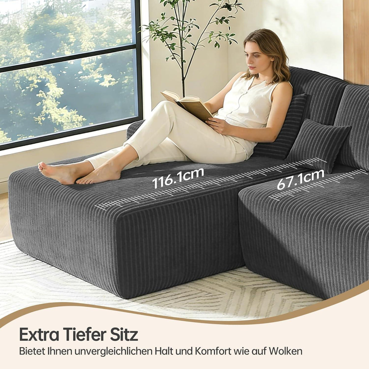Modulares Cord Sofa Grau – Tiefes Sitzsofa ohne Gestell
