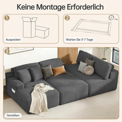 Modulares Cord Sofa Grau – Tiefes Sitzsofa ohne Gestell