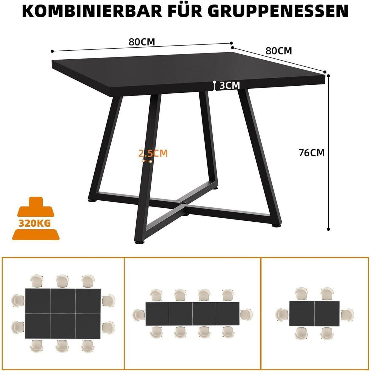 Kleiner Esstisch Holz 80x80 cm – Quadratischer Küchentisch Schwarz