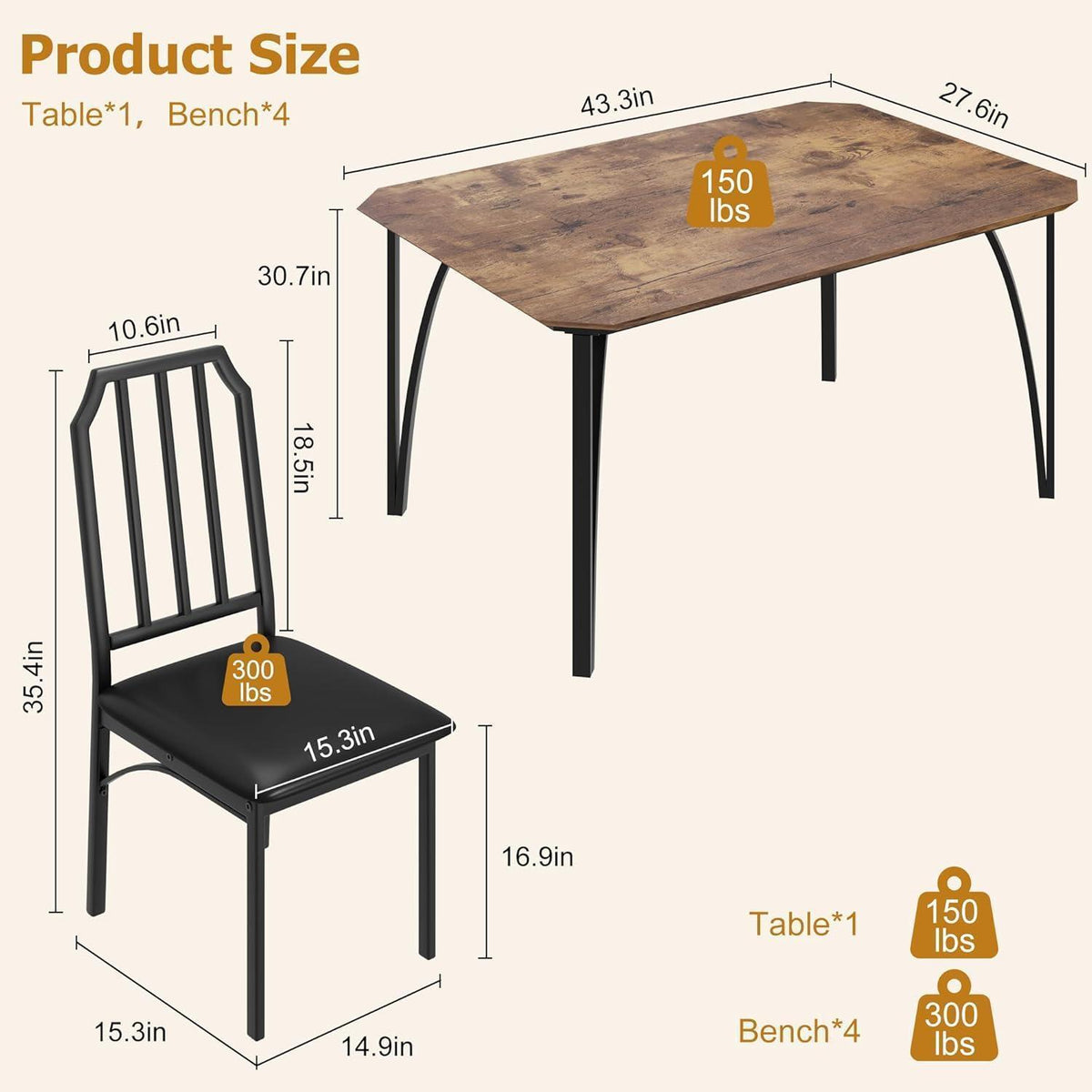 Esszimmer Set Holz 110x70 cm mit 4 gepolsterten Stühlen Vintage Braun