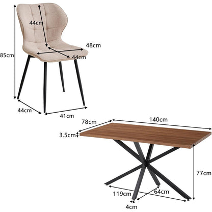 Modernes Esszimmer-Set: Dunkler Holztisch (140x80cm) + 4 Khaki Stühle