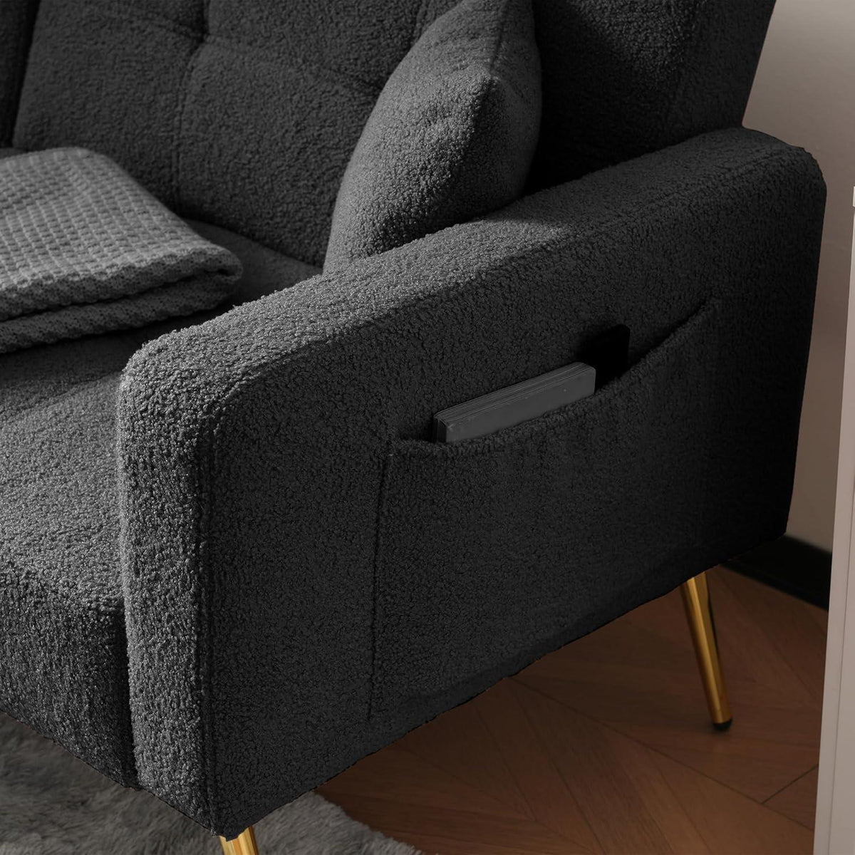 Schlafsofa mit verstellbarer Rückenlehne & goldenen Beinen (Grau)