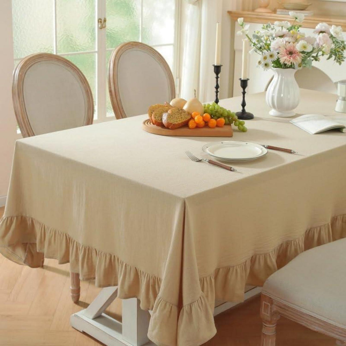 Runde Baumwoll-Leinen Tischdecke mit Rüschen | 180cm | Beige