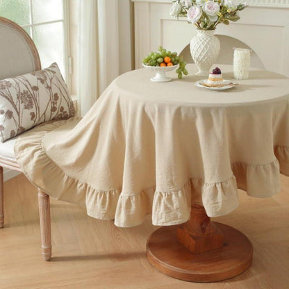 Runde Baumwoll-Leinen Tischdecke mit Rüschen | 180cm | Beige