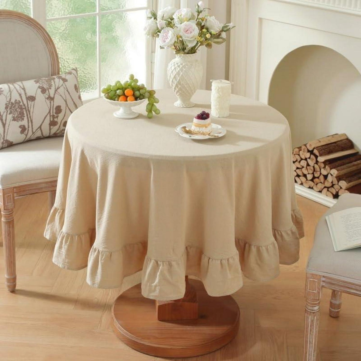 Runde Baumwoll-Leinen Tischdecke mit Rüschen | 180cm | Beige