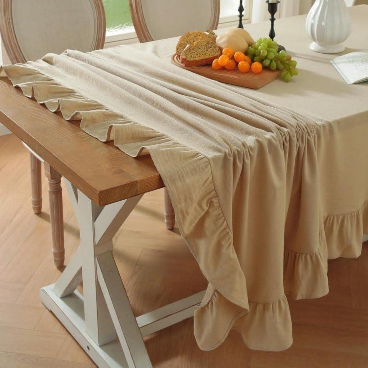 Runde Baumwoll-Leinen Tischdecke mit Rüschen | 180cm | Beige