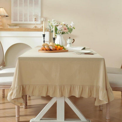 Runde Baumwoll-Leinen Tischdecke mit Rüschen | 180cm | Beige
