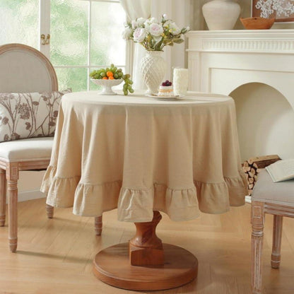 Runde Baumwoll-Leinen Tischdecke mit Rüschen | 180cm | Beige