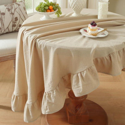 Runde Baumwoll-Leinen Tischdecke mit Rüschen | 180cm | Beige