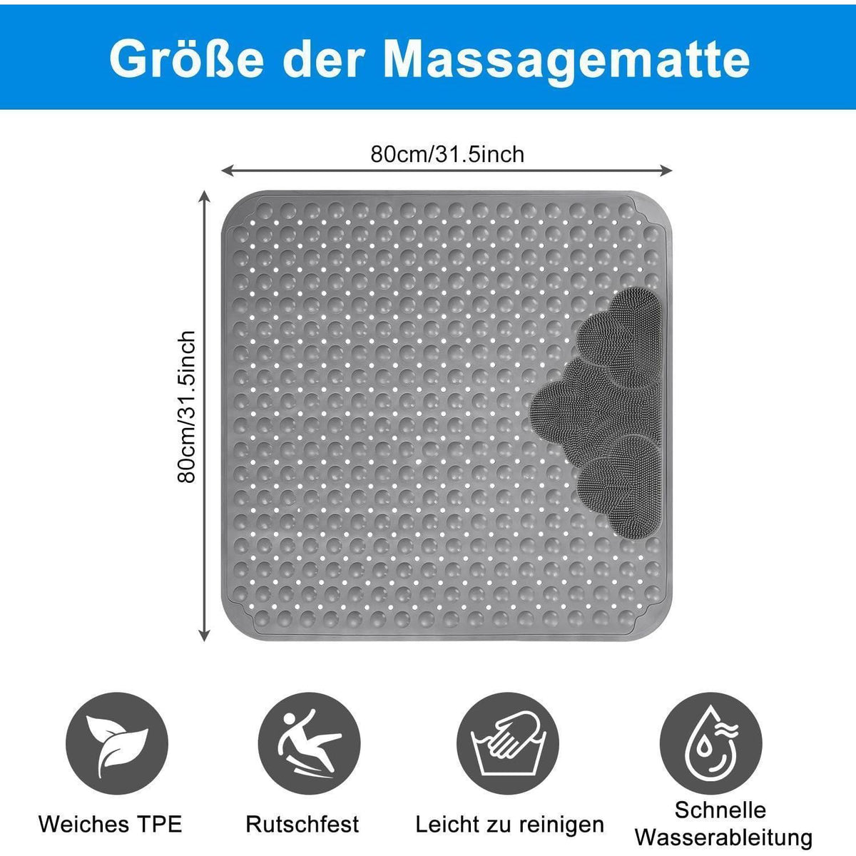 Rutschfeste Duschmatte 80x80 cm | TPE Massage Matte mit Saugnäpfen