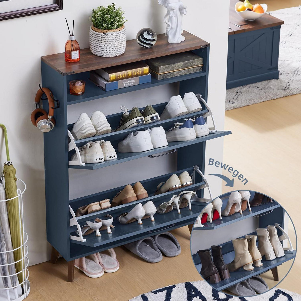 Schmaler Schuhschrank blau mit 2 Klappen – Rattan & Boho-Stil