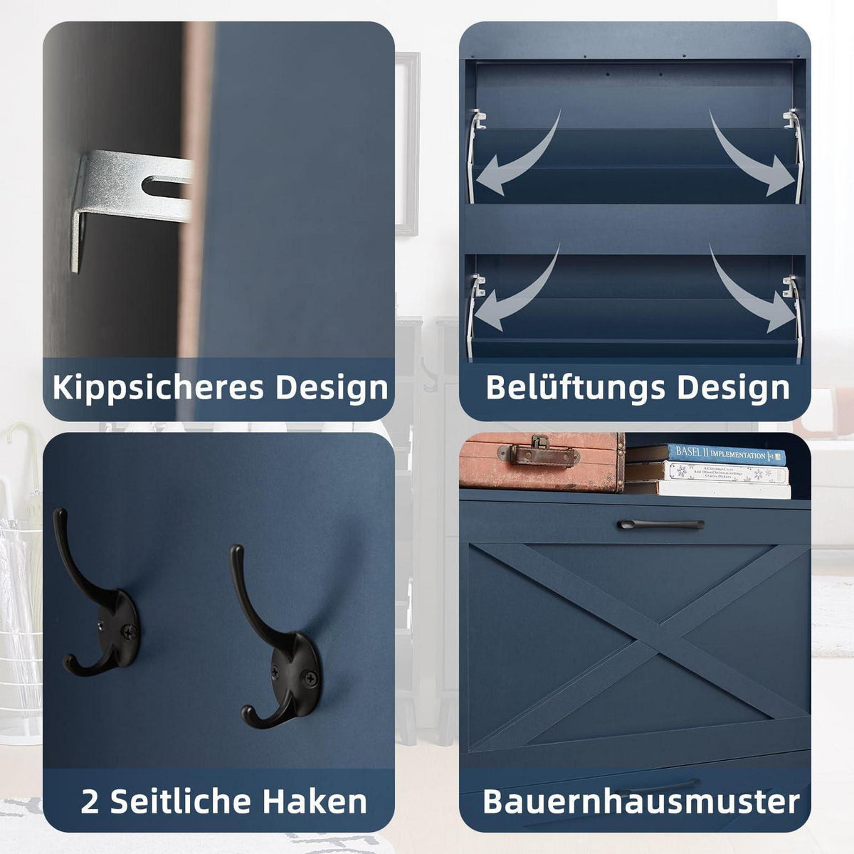Schmaler Schuhschrank blau mit 2 Klappen – Rattan & Boho-Stil