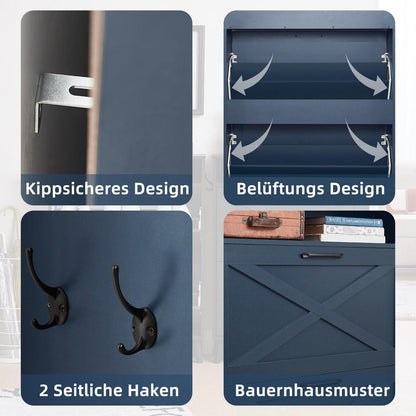 Schmaler Schuhschrank blau mit 2 Klappen – Rattan & Boho-Stil