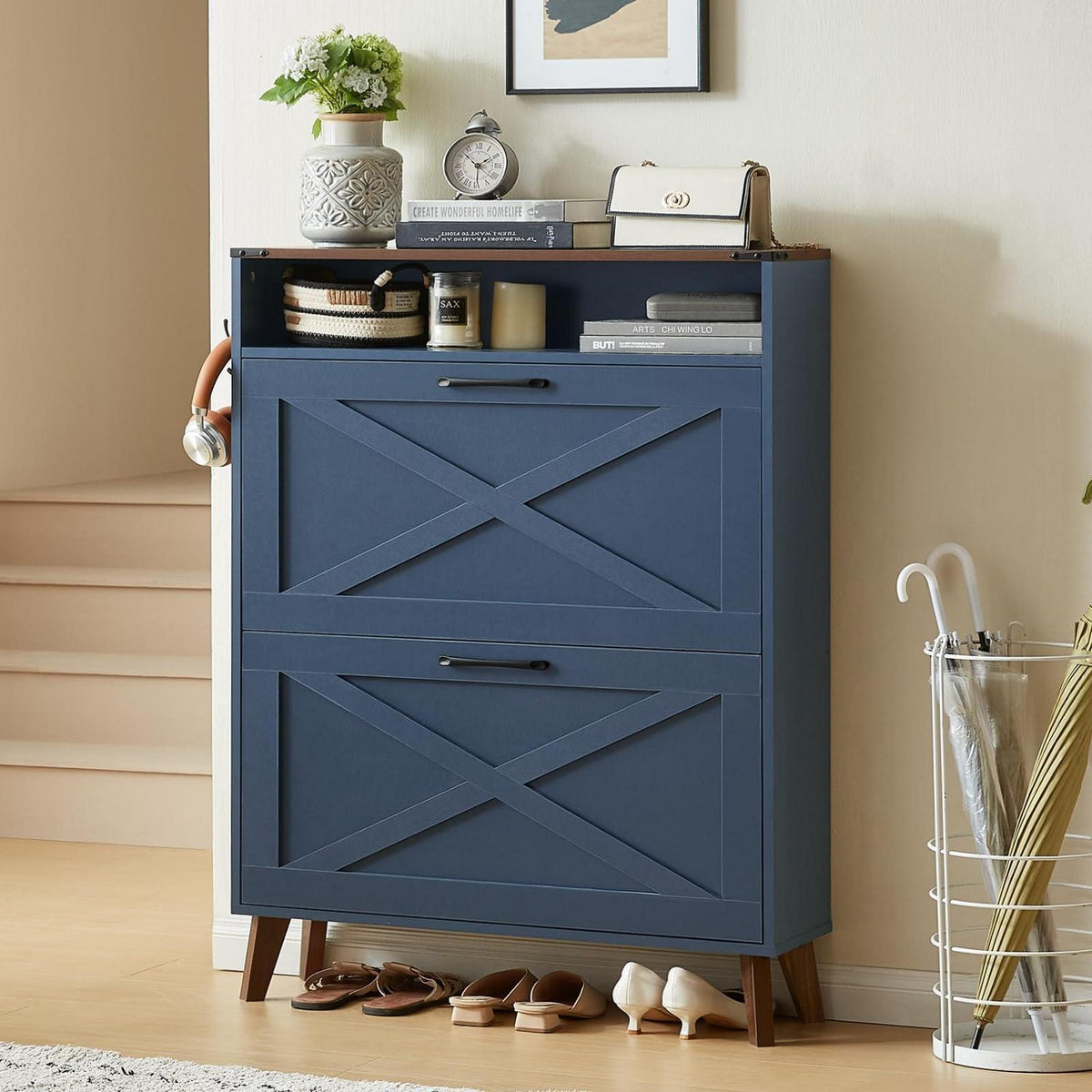 Schmaler Schuhschrank blau mit 2 Klappen – Rattan & Boho-Stil