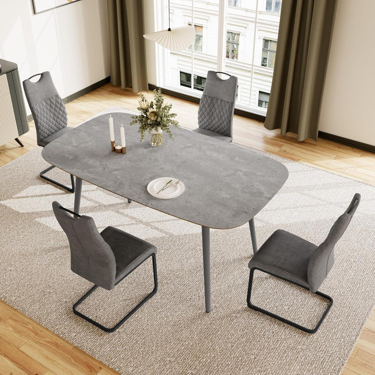 Moderner Esstisch mit 4 Stühlen – Grau, 120cm