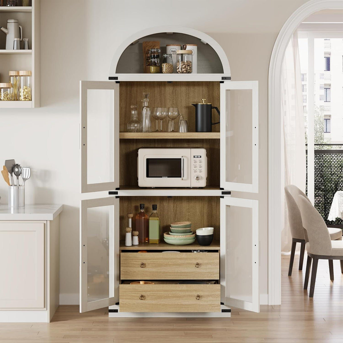 Gewölbte Glasvitrine 182cm – Schrank mit Regalen & Schubladen