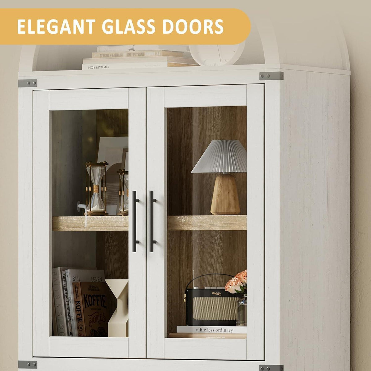 Gewölbte Glasvitrine 182cm – Schrank mit Regalen & Schubladen