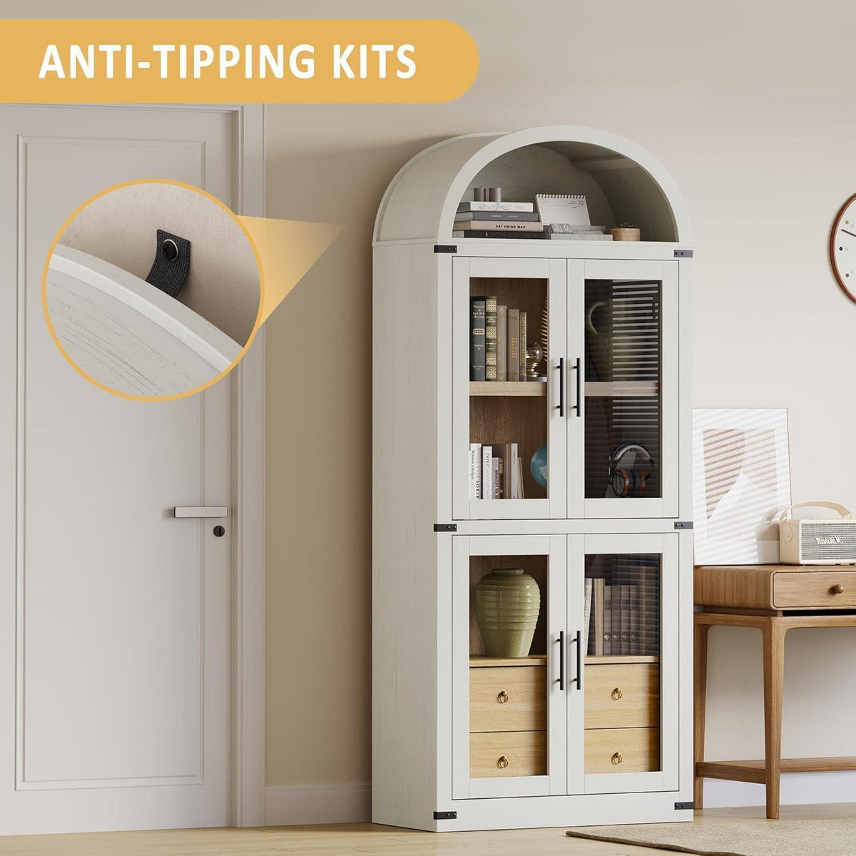 Gewölbte Glasvitrine 182cm – Schrank mit Regalen & Schubladen
