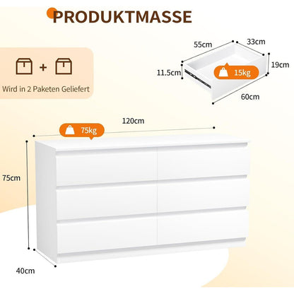 Weisse Kommode mit 6 Schubladen – 120x40x75 cm