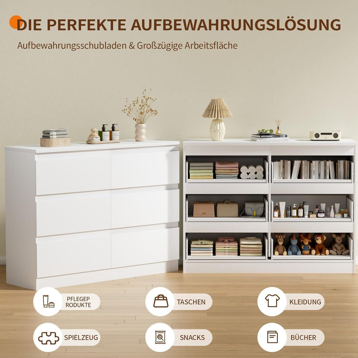 Weisse Kommode mit 6 Schubladen – 120x40x75 cm