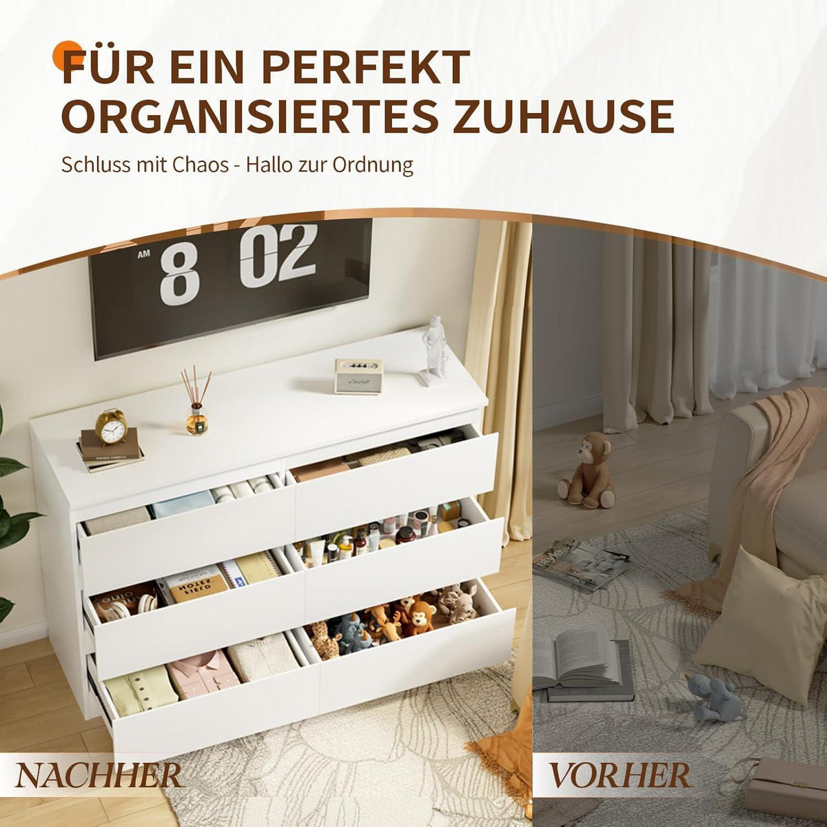 Weisse Kommode mit 6 Schubladen – 120x40x75 cm
