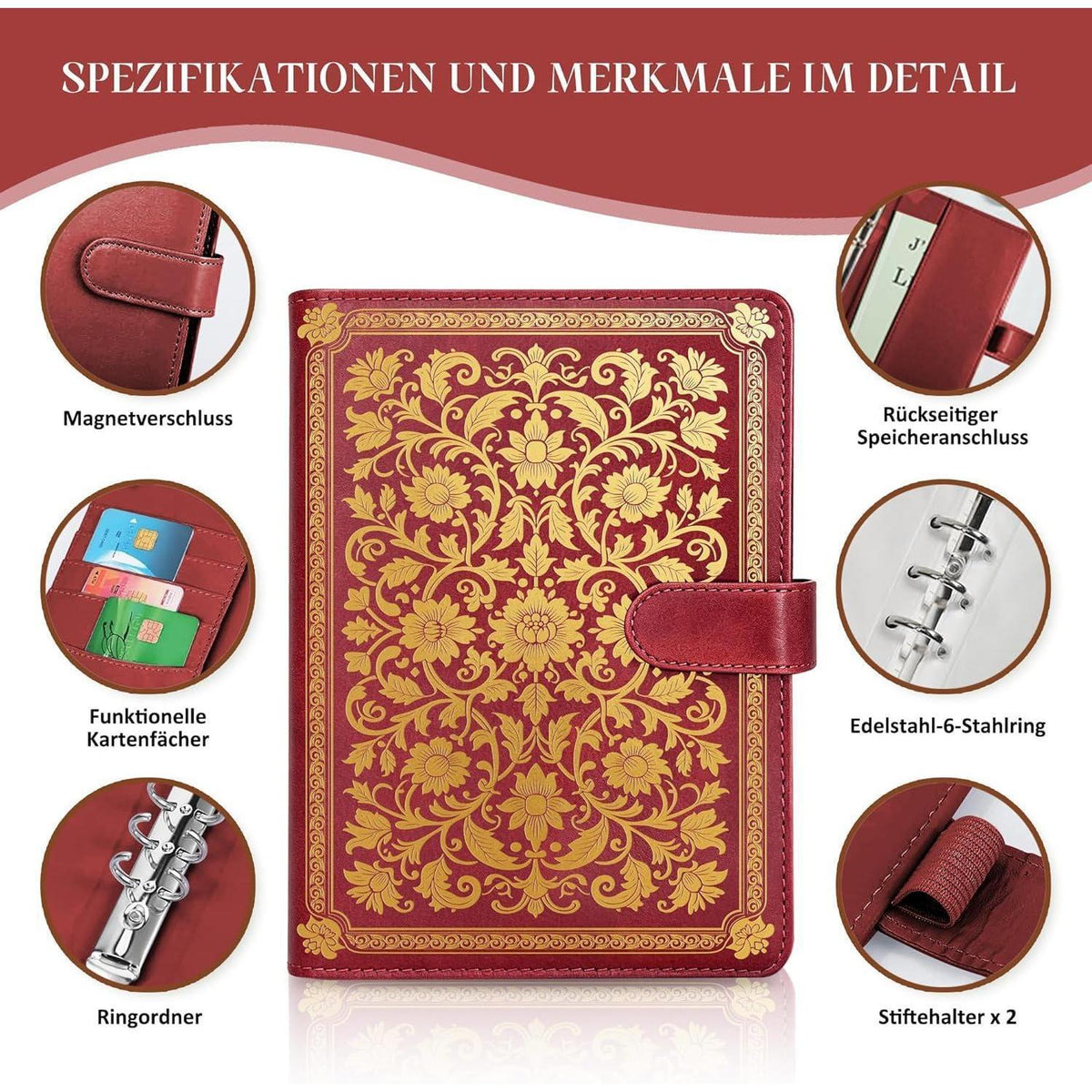 A5 Ringbuch Notizbuch, mit Trennblättern, Rot in Lederoptik