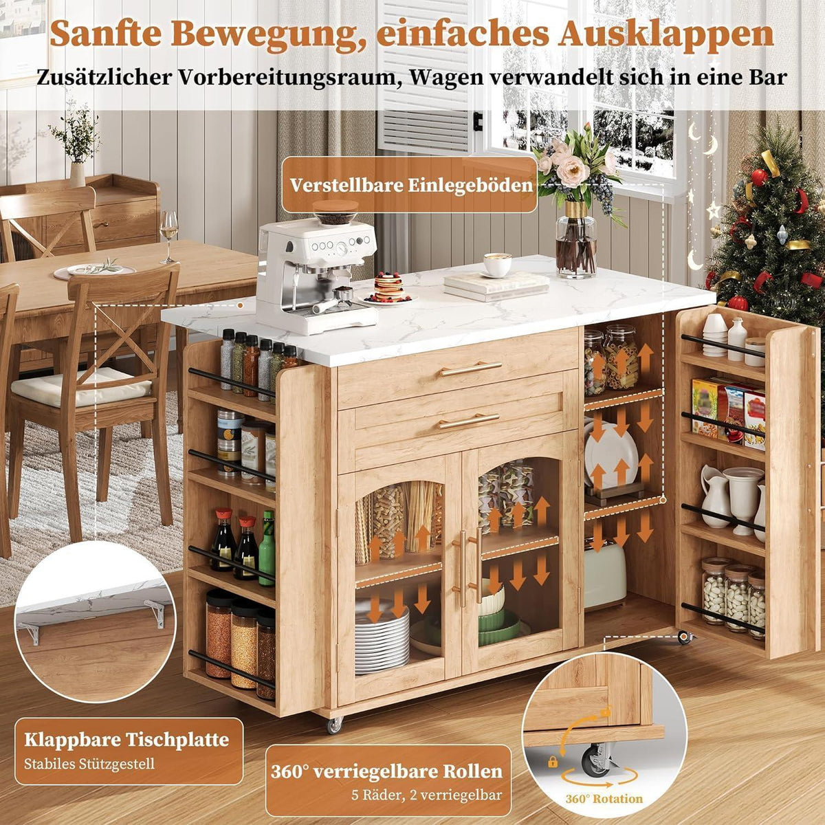 Küchenwagen mit Rollen & Klappplatte – Servierwagen für Küche