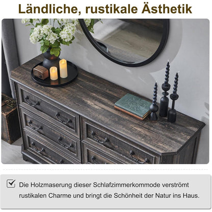 Landhaus Kommode 6 Schubladen, Dunkle Rustikale Eiche