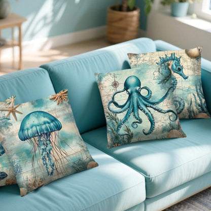 4er-Set Maritime Kissenbezüge 40x40cm - Ozean Dekor